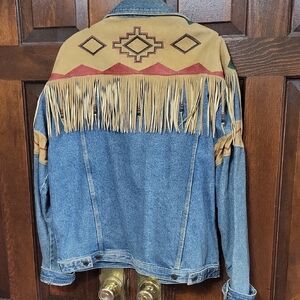 Vintage Max Hand Southwest Style Denim Jacket w Leather Fringe